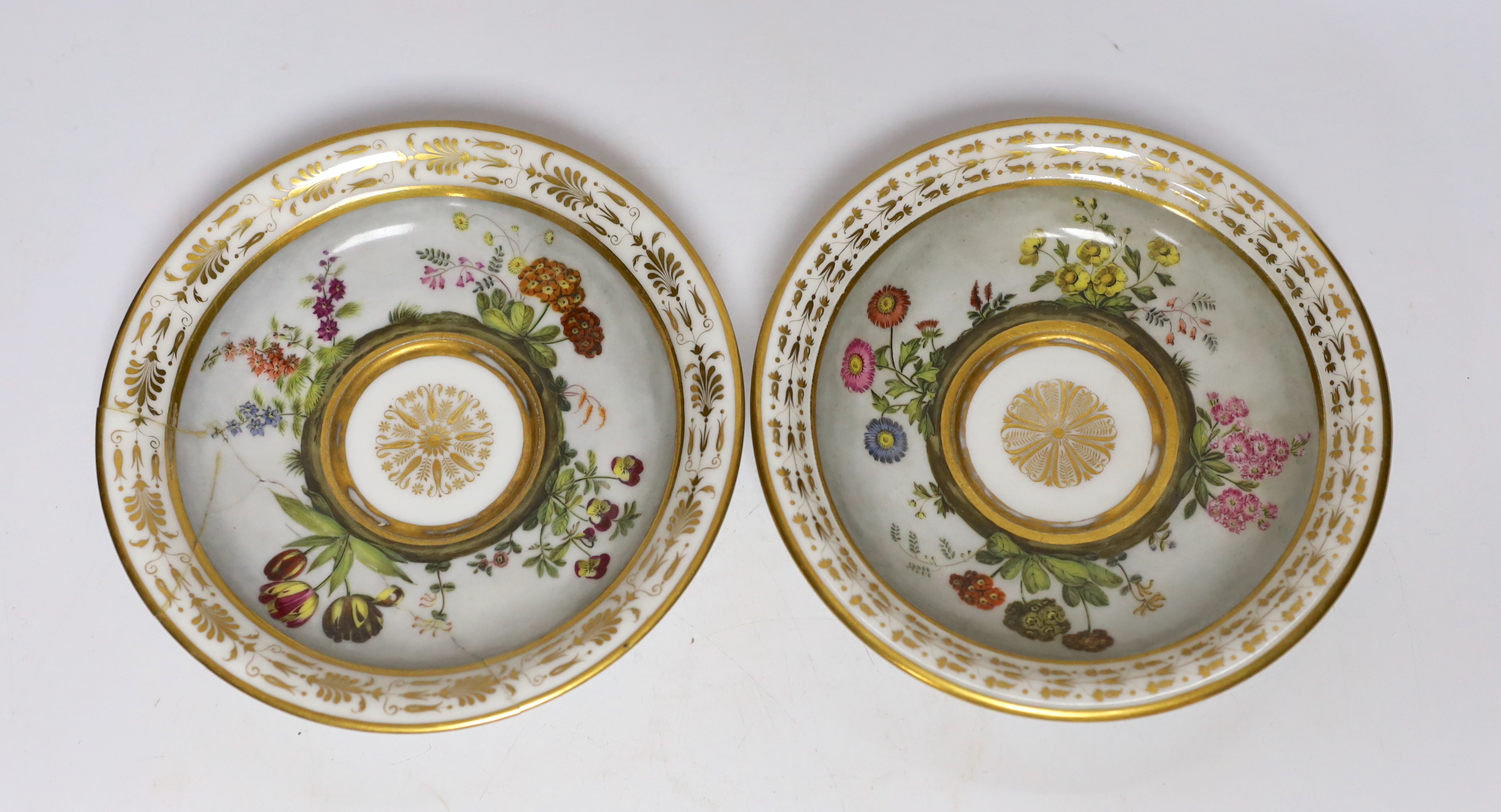 A pair of early 19th century Paris porcelain botanical cups and saucers, one signed Dihl, 9cm high
